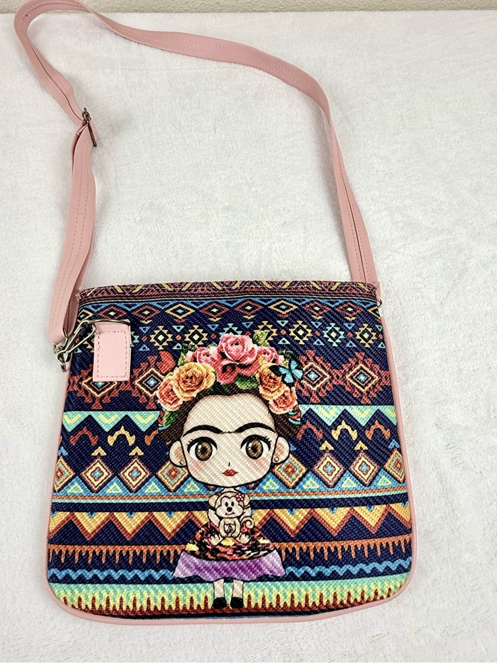 Frida Kahlo with Monkey Pink Vegan Leather Crossbody Bag Purse